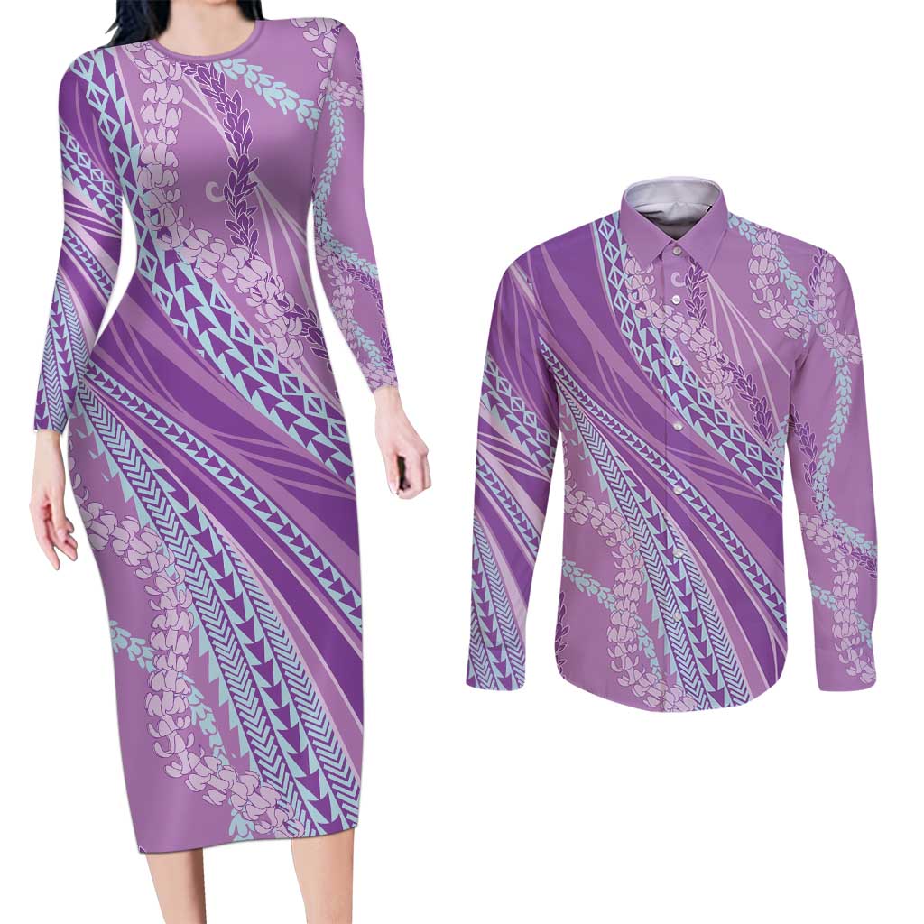Polynesian Puakeniken Pikake Twisted Lei Couples Matching Long Sleeve Bodycon Dress and Long Sleeve Button Shirt Amethys - Polynesian Pride