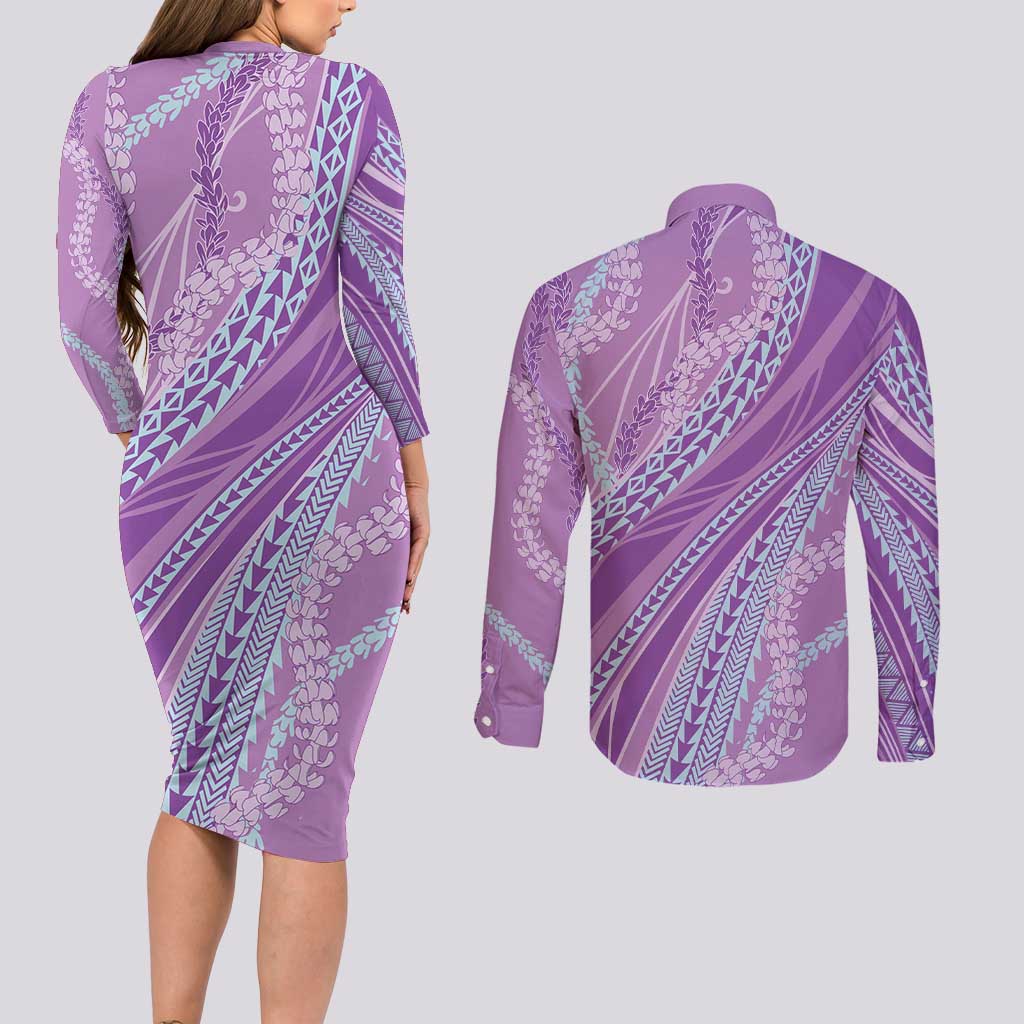 Polynesian Puakeniken Pikake Twisted Lei Couples Matching Long Sleeve Bodycon Dress and Long Sleeve Button Shirt Amethys - Polynesian Pride