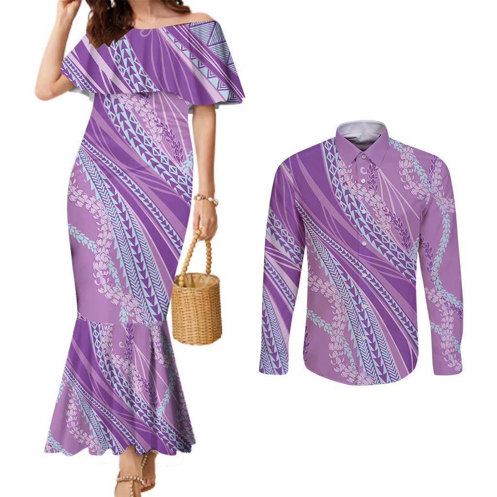 Polynesian Puakeniken Pikake Twisted Lei Couples Matching Mermaid Dress and Long Sleeve Button Shirt Amethys - Polynesian Pride