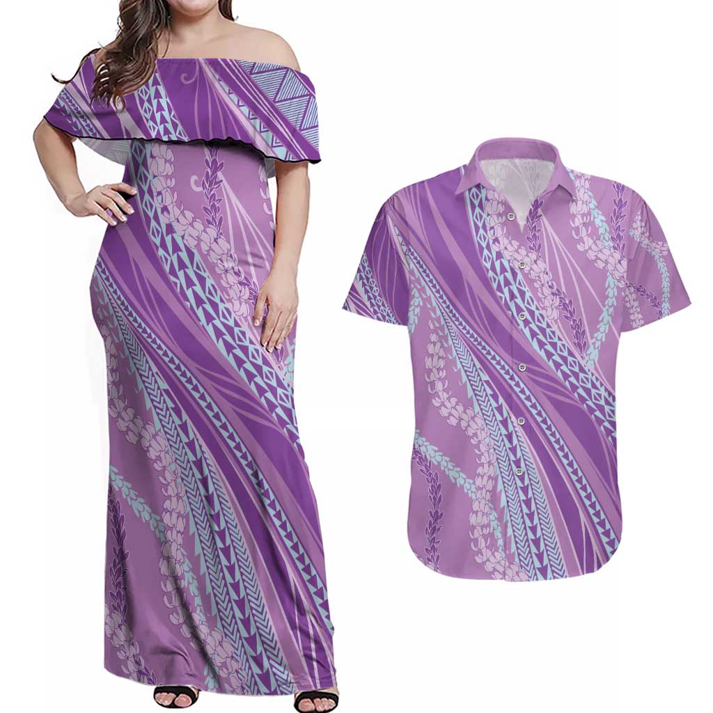 Polynesian Puakeniken Pikake Twisted Lei Couples Matching Off Shoulder Maxi Dress and Hawaiian Shirt Amethys - Polynesian Pride