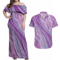 Polynesian Puakeniken Pikake Twisted Lei Couples Matching Off Shoulder Maxi Dress and Hawaiian Shirt Amethys - Polynesian Pride