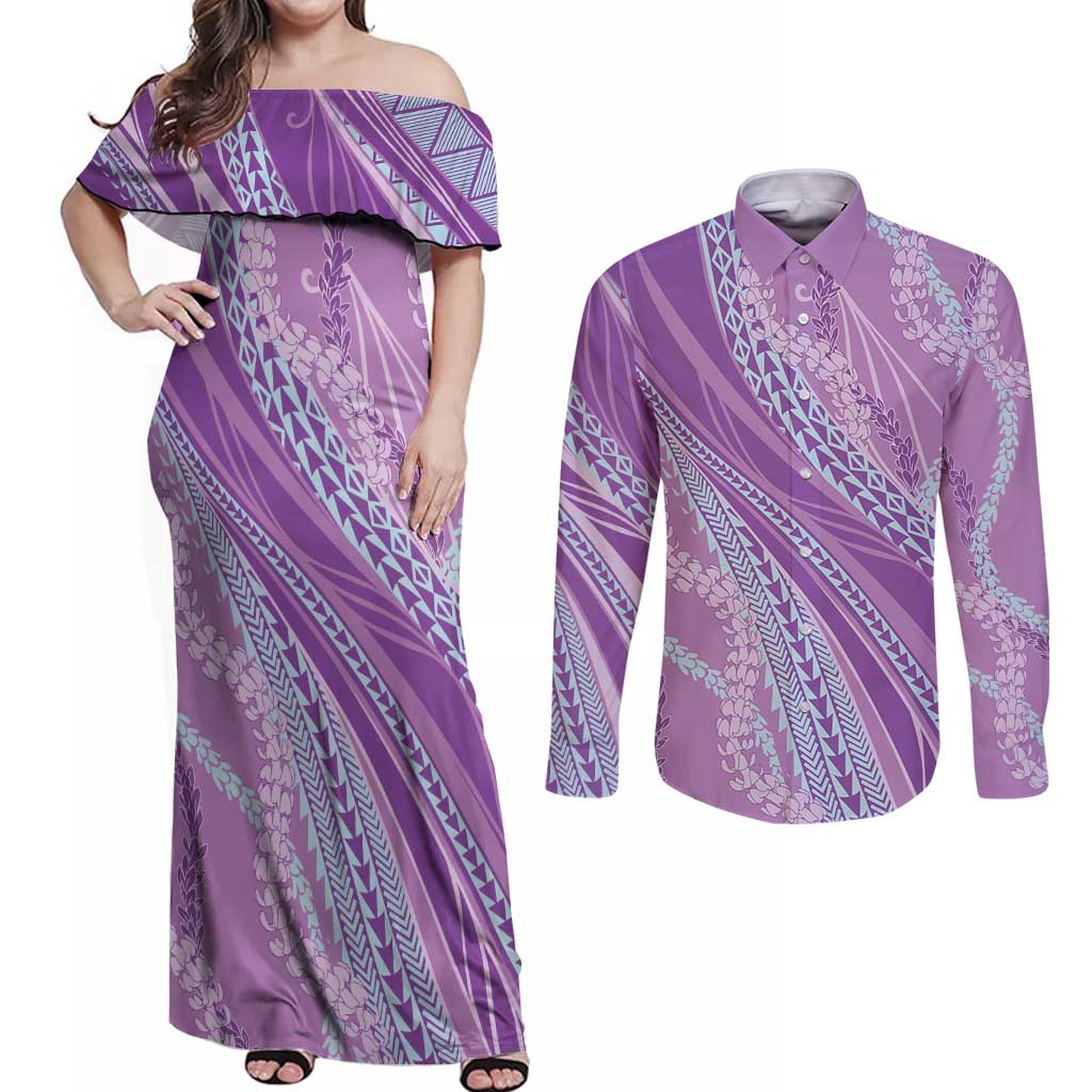 Polynesian Puakeniken Pikake Twisted Lei Couples Matching Off Shoulder Maxi Dress and Long Sleeve Button Shirt Amethys - Polynesian Pride