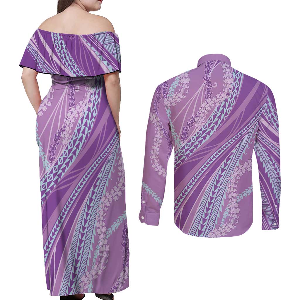 Polynesian Puakeniken Pikake Twisted Lei Couples Matching Off Shoulder Maxi Dress and Long Sleeve Button Shirt Amethys - Polynesian Pride