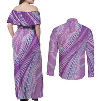 Polynesian Puakeniken Pikake Twisted Lei Couples Matching Off Shoulder Maxi Dress and Long Sleeve Button Shirt Amethys - Polynesian Pride
