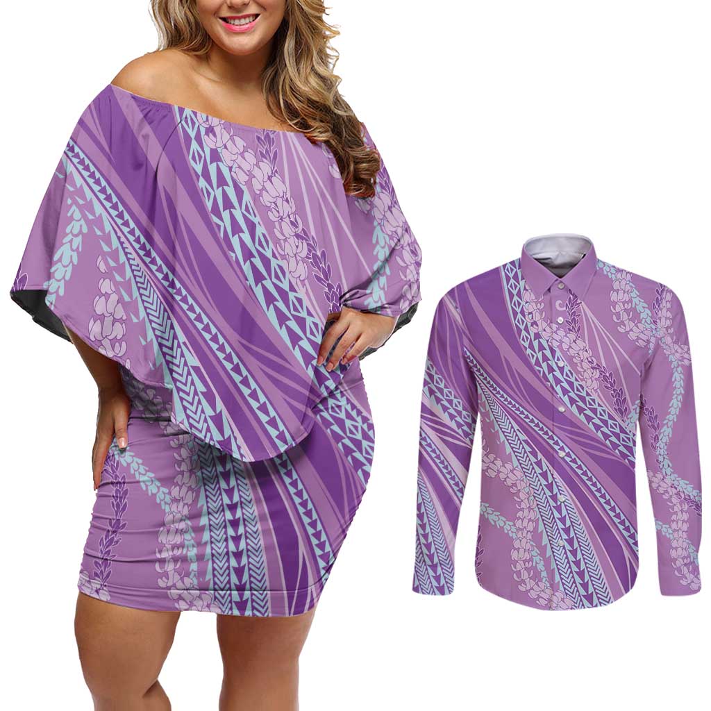Polynesian Puakeniken Pikake Twisted Lei Couples Matching Off Shoulder Short Dress and Long Sleeve Button Shirt Amethys - Polynesian Pride
