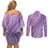 Polynesian Puakeniken Pikake Twisted Lei Couples Matching Off Shoulder Short Dress and Long Sleeve Button Shirt Amethys - Polynesian Pride