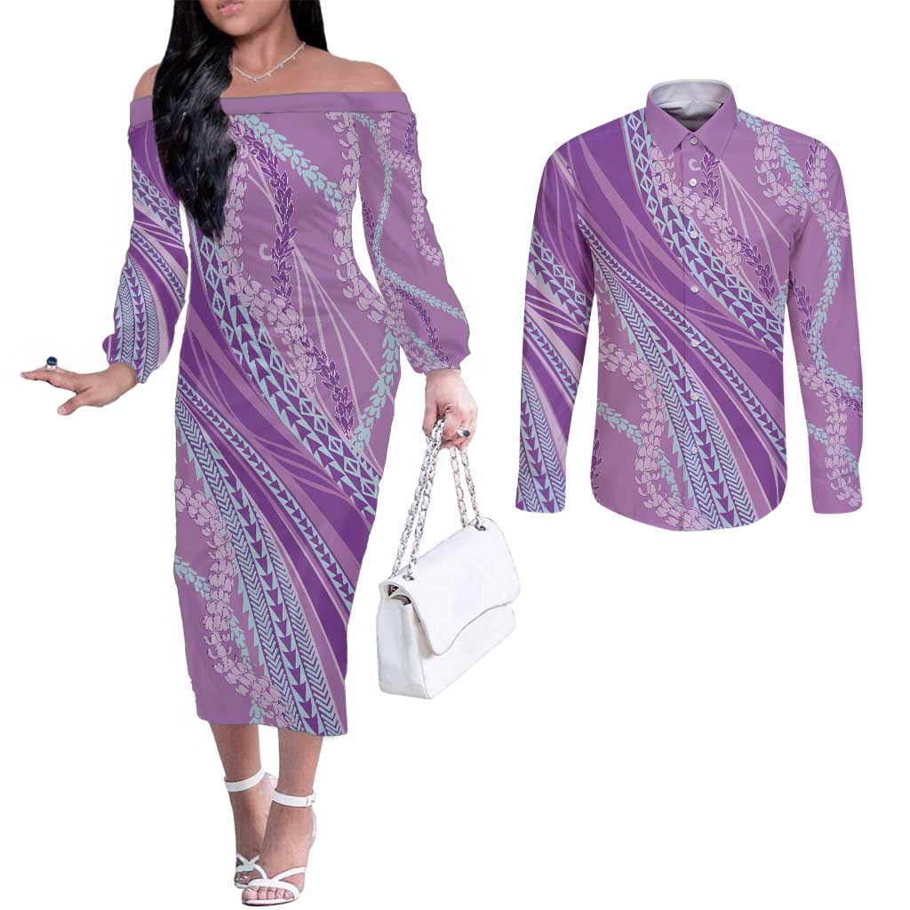Polynesian Puakeniken Pikake Twisted Lei Couples Matching Off The Shoulder Long Sleeve Dress and Long Sleeve Button Shirt Amethys - Polynesian Pride