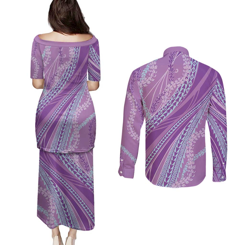 Polynesian Puakeniken Pikake Twisted Lei Couples Matching Puletasi and Long Sleeve Button Shirt Amethys - Polynesian Pride
