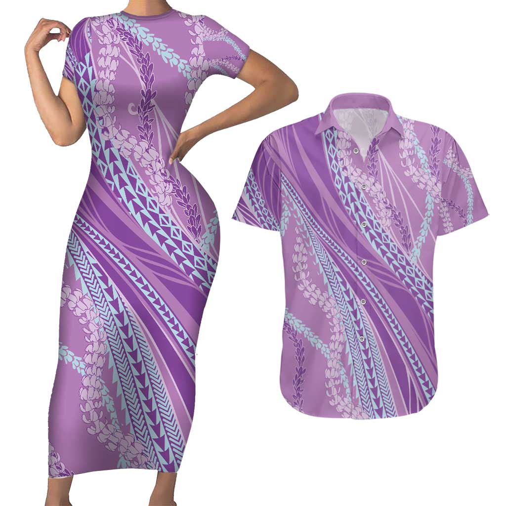 Polynesian Puakeniken Pikake Twisted Lei Couples Matching Short Sleeve Bodycon Dress and Hawaiian Shirt Amethys - Polynesian Pride