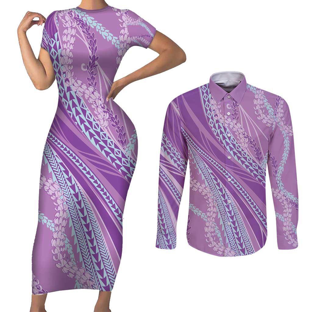 Polynesian Puakeniken Pikake Twisted Lei Couples Matching Short Sleeve Bodycon Dress and Long Sleeve Button Shirt Amethys - Polynesian Pride