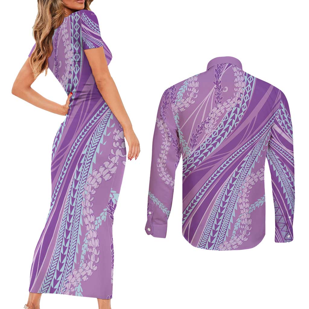 Polynesian Puakeniken Pikake Twisted Lei Couples Matching Short Sleeve Bodycon Dress and Long Sleeve Button Shirt Amethys - Polynesian Pride