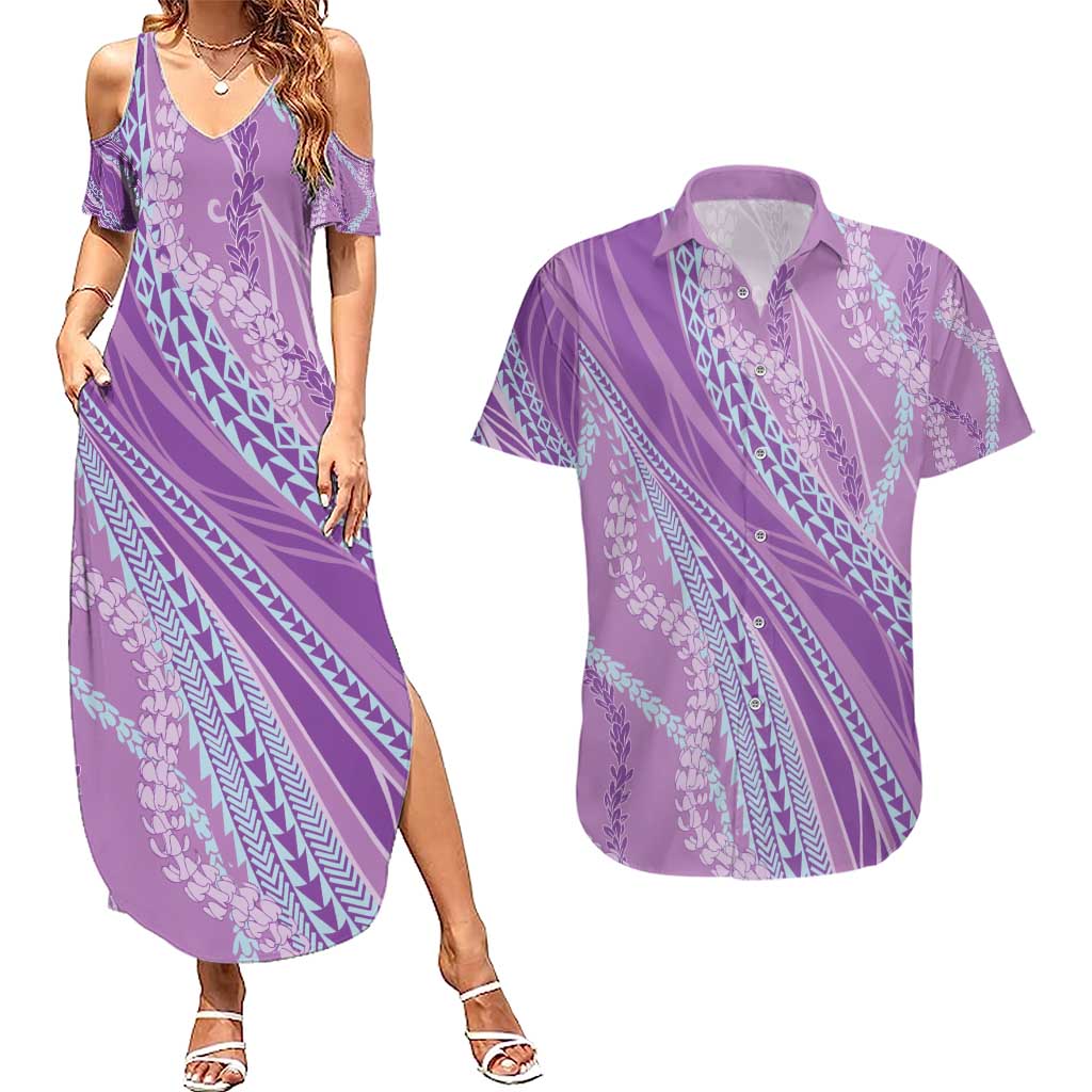 Polynesian Puakeniken Pikake Twisted Lei Couples Matching Summer Maxi Dress and Hawaiian Shirt Amethys - Polynesian Pride