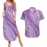 Polynesian Puakeniken Pikake Twisted Lei Couples Matching Summer Maxi Dress and Hawaiian Shirt Amethys - Polynesian Pride