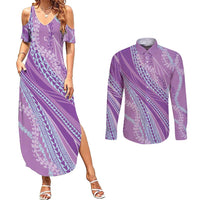 Polynesian Puakeniken Pikake Twisted Lei Couples Matching Summer Maxi Dress and Long Sleeve Button Shirt Amethys - Polynesian Pride