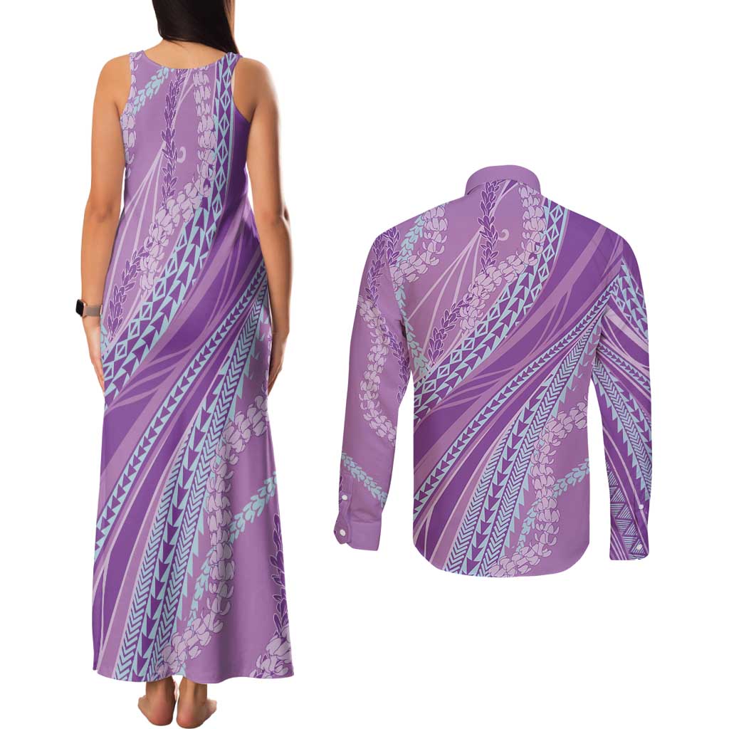 Polynesian Puakeniken Pikake Twisted Lei Couples Matching Tank Maxi Dress and Long Sleeve Button Shirt Amethys - Polynesian Pride