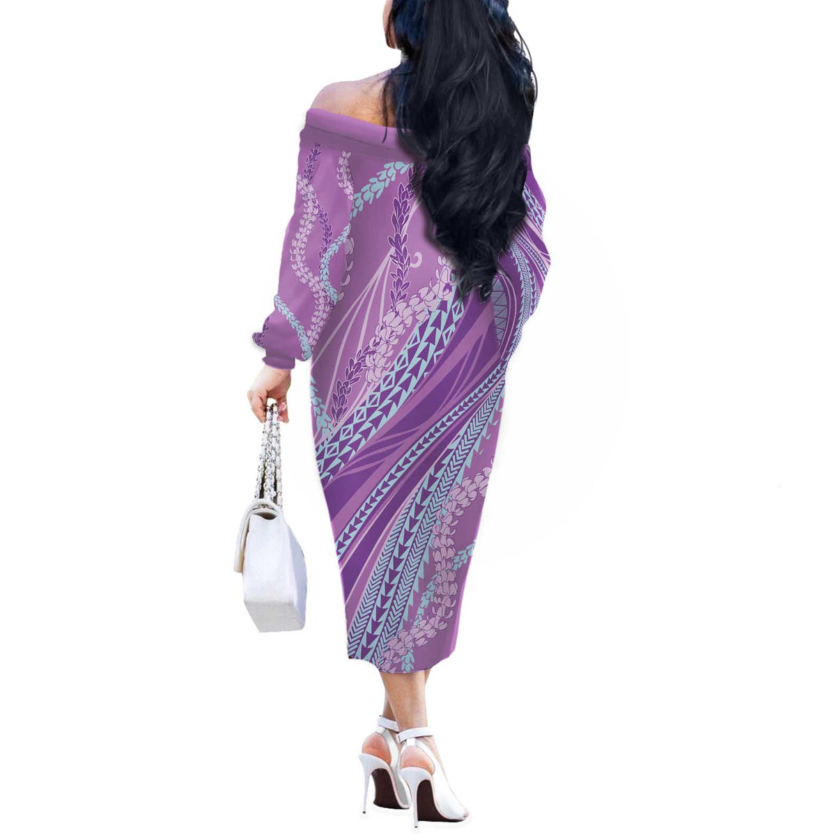 Polynesian Puakeniken Pikake Twisted Lei Off The Shoulder Long Sleeve Dress Amethys - Polynesian Pride