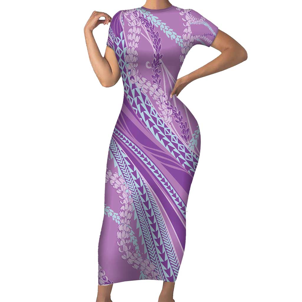 Polynesian Puakeniken Pikake Twisted Lei Short Sleeve Bodycon Dress Amethys - Polynesian Pride