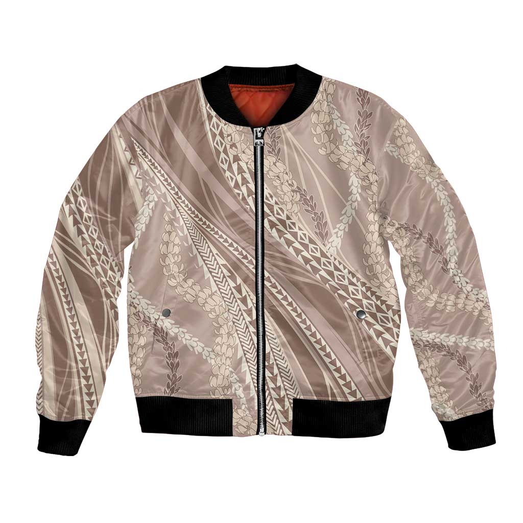 Polynesian Puakeniken Pikake Twisted Lei Bomber Jacket Beige - Polynesian Pride