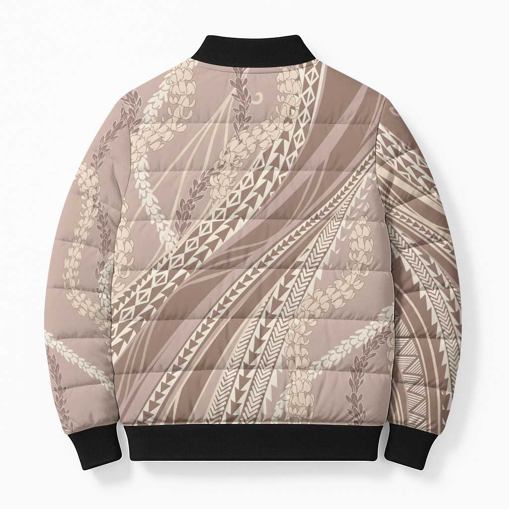 Polynesian Puakeniken Pikake Twisted Lei Bomber Puffer Jacket Beige - Polynesian Pride