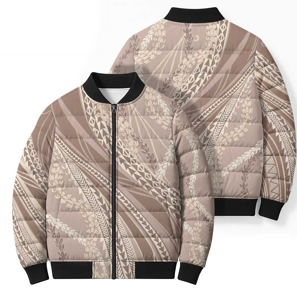 Polynesian Puakeniken Pikake Twisted Lei Bomber Puffer Jacket Beige - Polynesian Pride