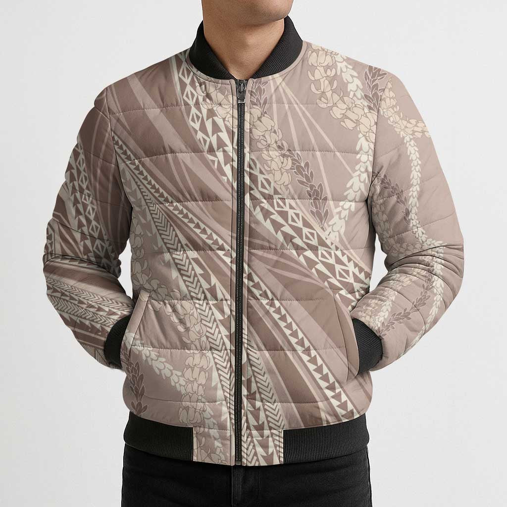 Polynesian Puakeniken Pikake Twisted Lei Bomber Puffer Jacket Beige - Polynesian Pride