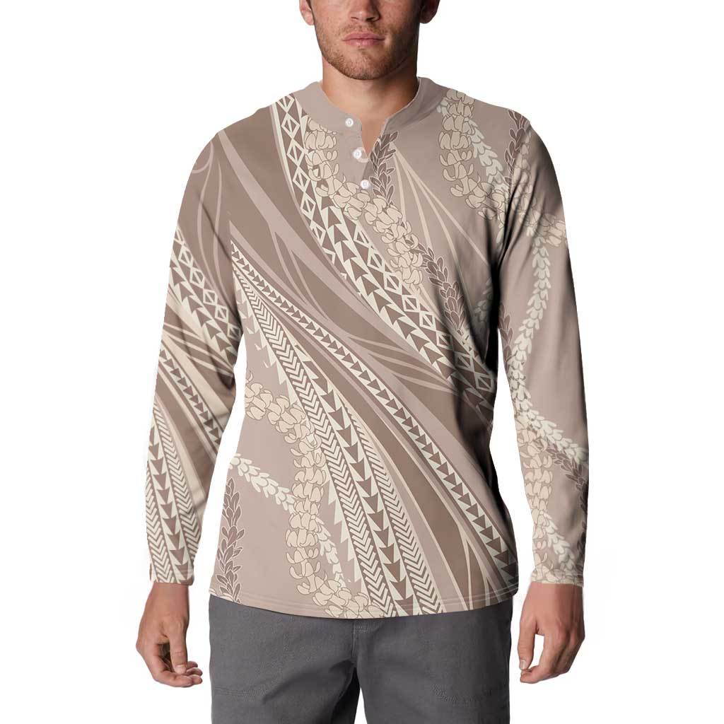 Polynesian Puakeniken Pikake Twisted Lei Button Sweatshirt Beige - Polynesian Pride