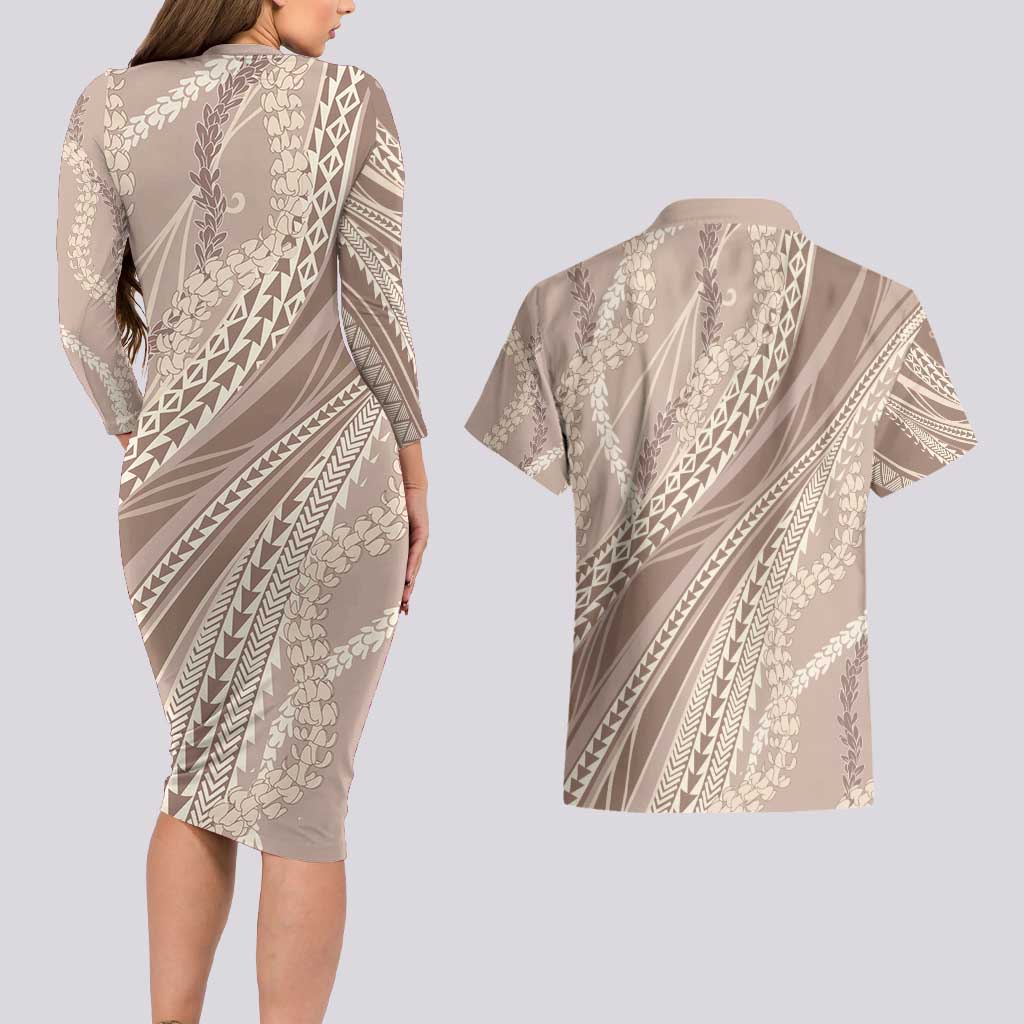Polynesian Puakeniken Pikake Twisted Lei Couples Matching Long Sleeve Bodycon Dress and Hawaiian Shirt Beige - Polynesian Pride