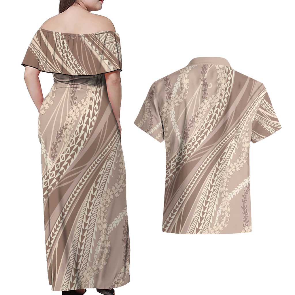 Polynesian Puakeniken Pikake Twisted Lei Couples Matching Off Shoulder Maxi Dress and Hawaiian Shirt Beige - Polynesian Pride