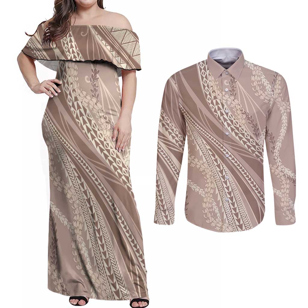 Polynesian Puakeniken Pikake Twisted Lei Couples Matching Off Shoulder Maxi Dress and Long Sleeve Button Shirt Beige - Polynesian Pride