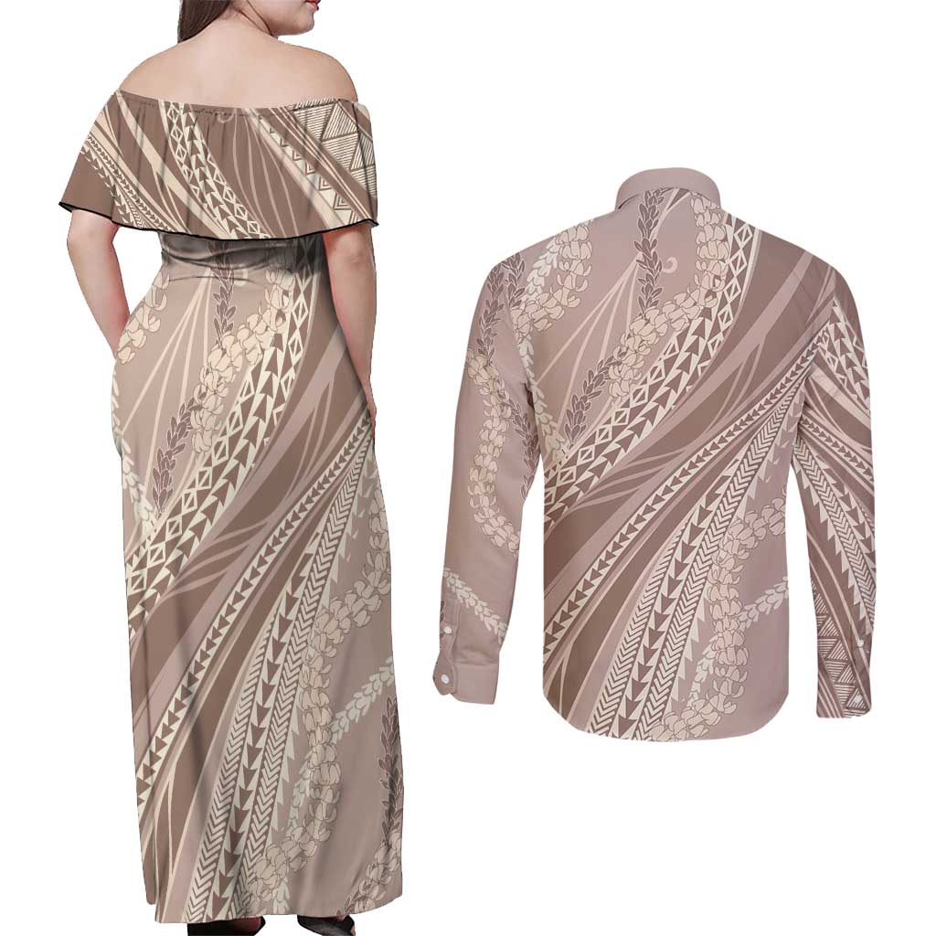 Polynesian Puakeniken Pikake Twisted Lei Couples Matching Off Shoulder Maxi Dress and Long Sleeve Button Shirt Beige - Polynesian Pride