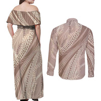 Polynesian Puakeniken Pikake Twisted Lei Couples Matching Off Shoulder Maxi Dress and Long Sleeve Button Shirt Beige - Polynesian Pride