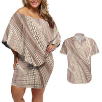 Polynesian Puakeniken Pikake Twisted Lei Couples Matching Off Shoulder Short Dress and Hawaiian Shirt Beige - Polynesian Pride