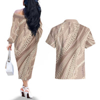 Polynesian Puakeniken Pikake Twisted Lei Couples Matching Off The Shoulder Long Sleeve Dress and Hawaiian Shirt Beige - Polynesian Pride