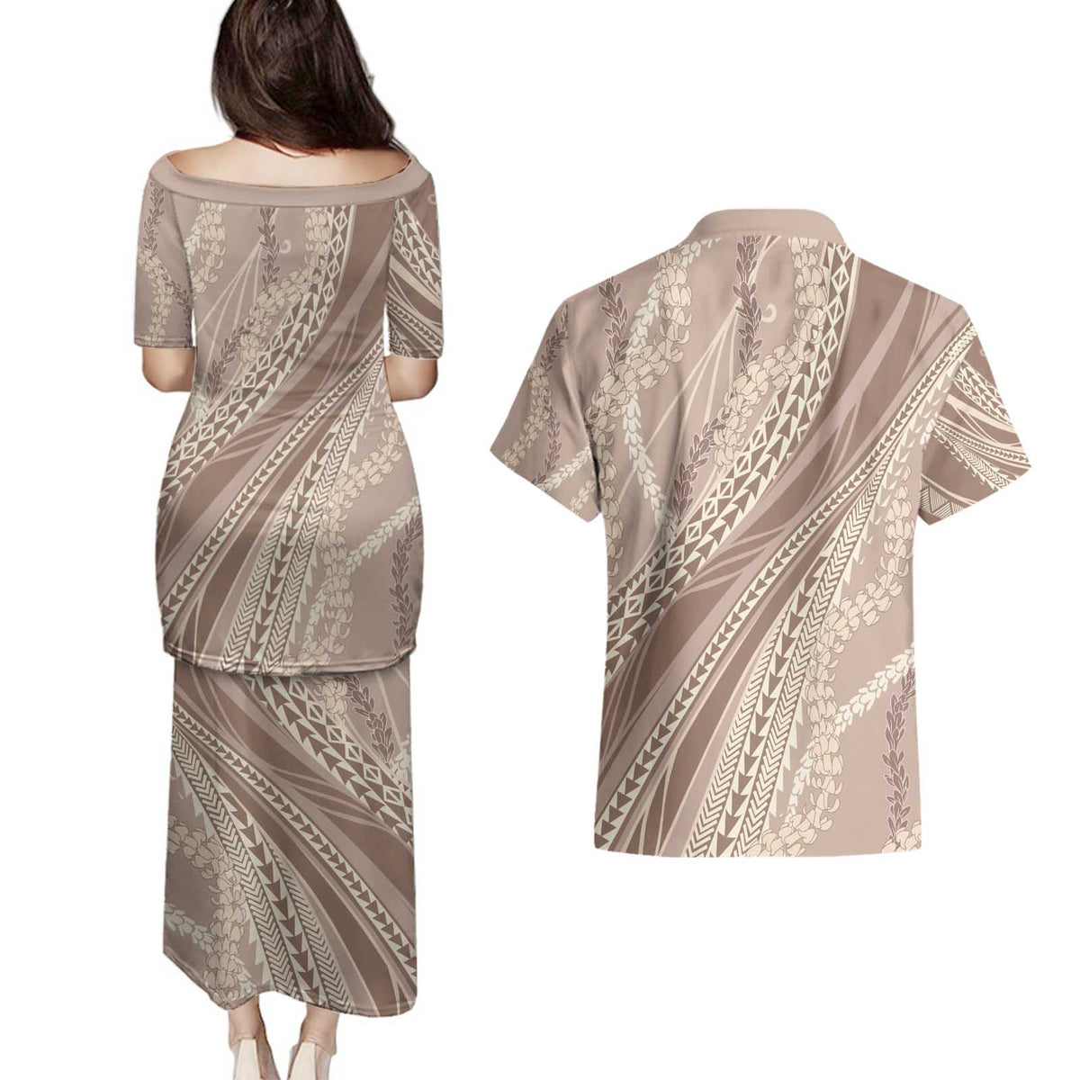 Polynesian Puakeniken Pikake Twisted Lei Couples Matching Puletasi and Hawaiian Shirt Beige - Polynesian Pride