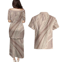 Polynesian Puakeniken Pikake Twisted Lei Couples Matching Puletasi and Hawaiian Shirt Beige - Polynesian Pride