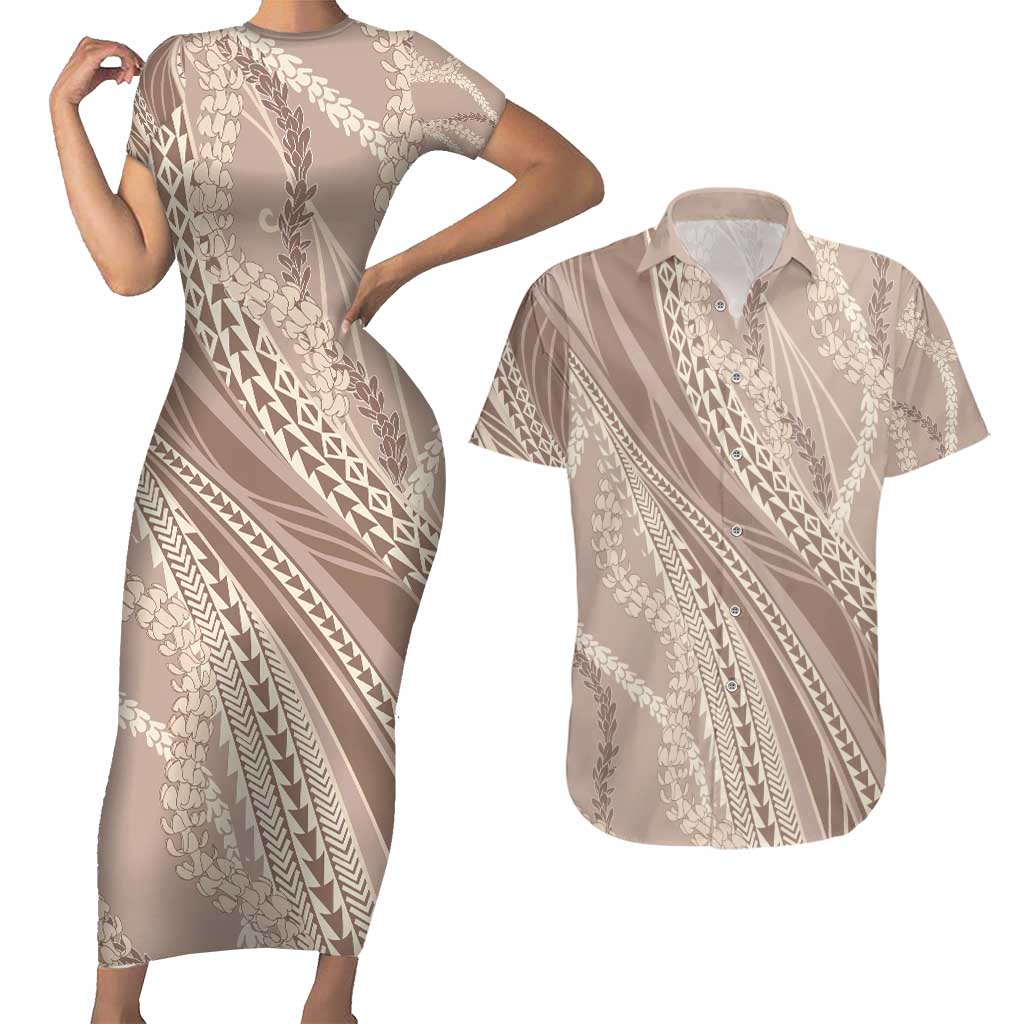 Polynesian Puakeniken Pikake Twisted Lei Couples Matching Short Sleeve Bodycon Dress and Hawaiian Shirt Beige - Polynesian Pride