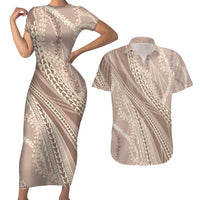 Polynesian Puakeniken Pikake Twisted Lei Couples Matching Short Sleeve Bodycon Dress and Hawaiian Shirt Beige - Polynesian Pride
