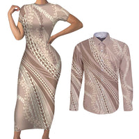Polynesian Puakeniken Pikake Twisted Lei Couples Matching Short Sleeve Bodycon Dress and Long Sleeve Button Shirt Beige - Polynesian Pride