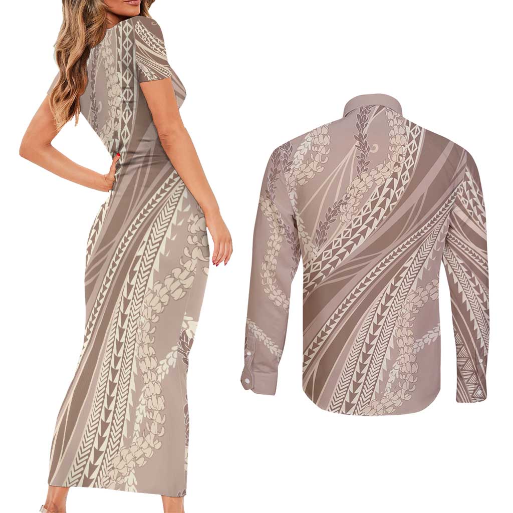 Polynesian Puakeniken Pikake Twisted Lei Couples Matching Short Sleeve Bodycon Dress and Long Sleeve Button Shirt Beige - Polynesian Pride