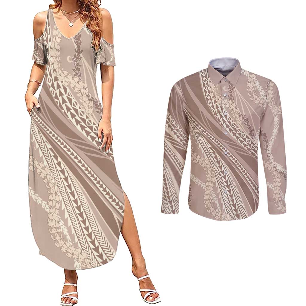 Polynesian Puakeniken Pikake Twisted Lei Couples Matching Summer Maxi Dress and Long Sleeve Button Shirt Beige - Polynesian Pride