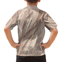 Polynesian Puakeniken Pikake Twisted Lei Family Matching Off The Shoulder Long Sleeve Dress and Hawaiian Shirt Beige - Polynesian Pride