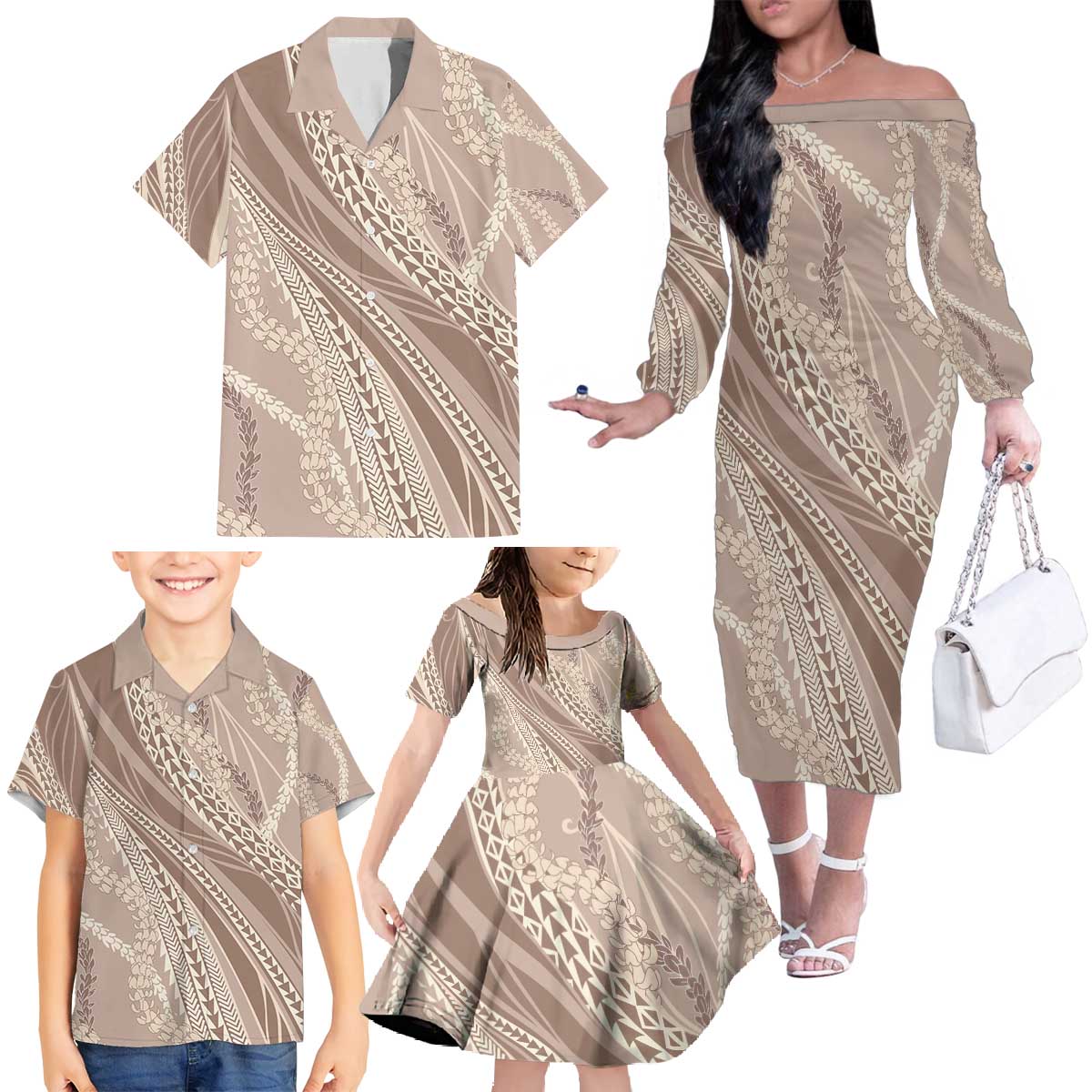 Polynesian Puakeniken Pikake Twisted Lei Family Matching Off The Shoulder Long Sleeve Dress and Hawaiian Shirt Beige - Polynesian Pride