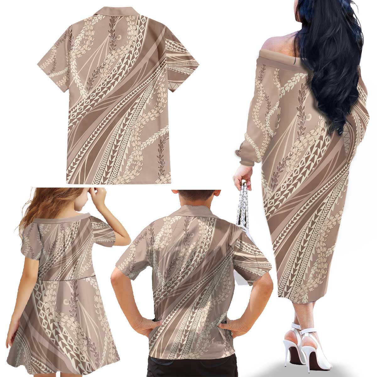 Polynesian Puakeniken Pikake Twisted Lei Family Matching Off The Shoulder Long Sleeve Dress and Hawaiian Shirt Beige - Polynesian Pride