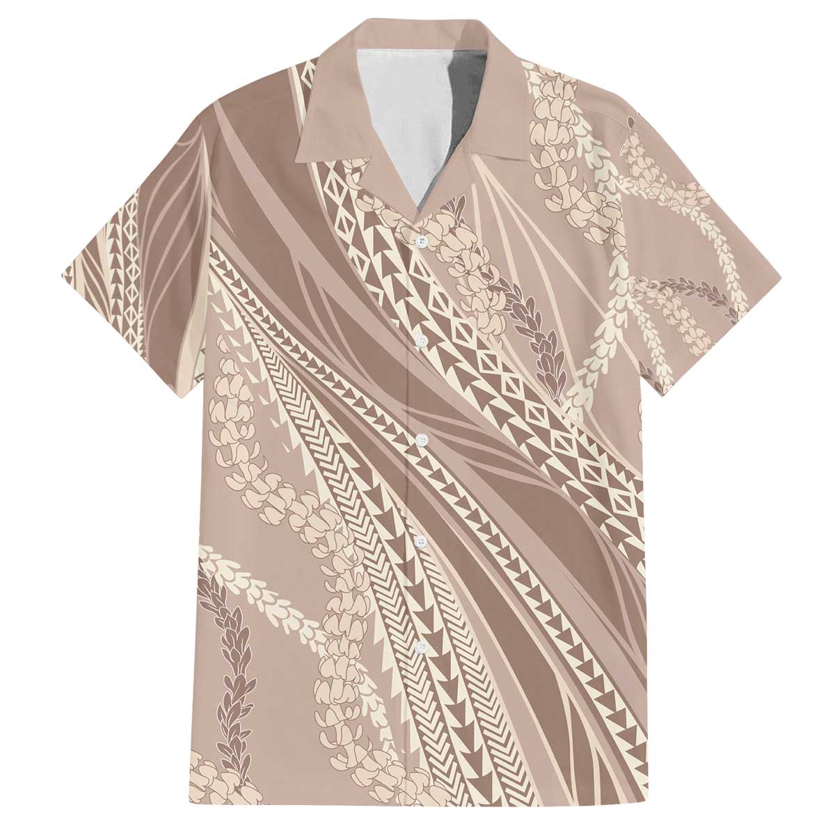 Polynesian Puakeniken Pikake Twisted Lei Family Matching Off The Shoulder Long Sleeve Dress and Hawaiian Shirt Beige - Polynesian Pride
