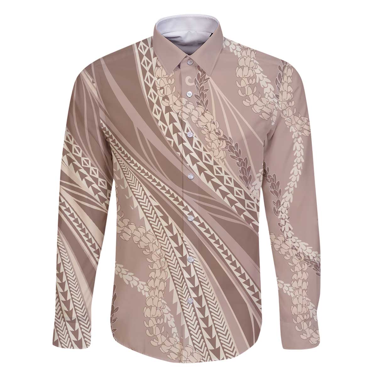 Polynesian Puakeniken Pikake Twisted Lei Family Matching Off The Shoulder Long Sleeve Dress and Hawaiian Shirt Beige - Polynesian Pride