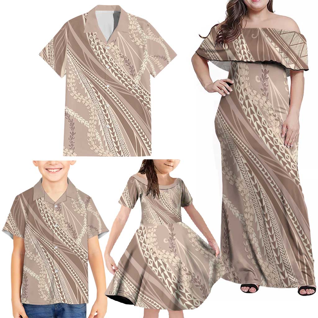 Polynesian Puakeniken Pikake Twisted Lei Family Matching Off Shoulder Maxi Dress and Hawaiian Shirt Beige - Polynesian Pride