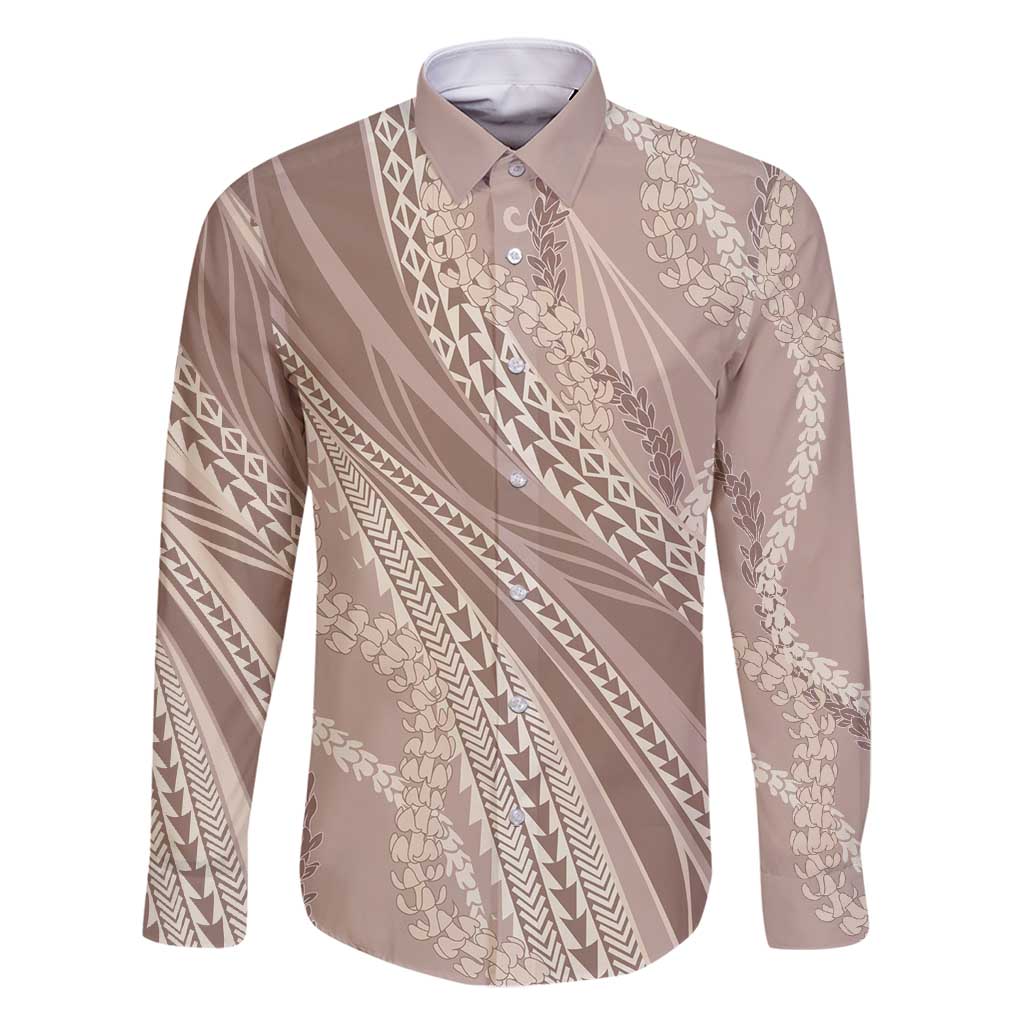 Polynesian Puakeniken Pikake Twisted Lei Family Matching Off Shoulder Maxi Dress and Hawaiian Shirt Beige - Polynesian Pride