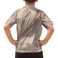 Polynesian Puakeniken Pikake Twisted Lei Family Matching Off Shoulder Short Dress and Hawaiian Shirt Beige - Polynesian Pride