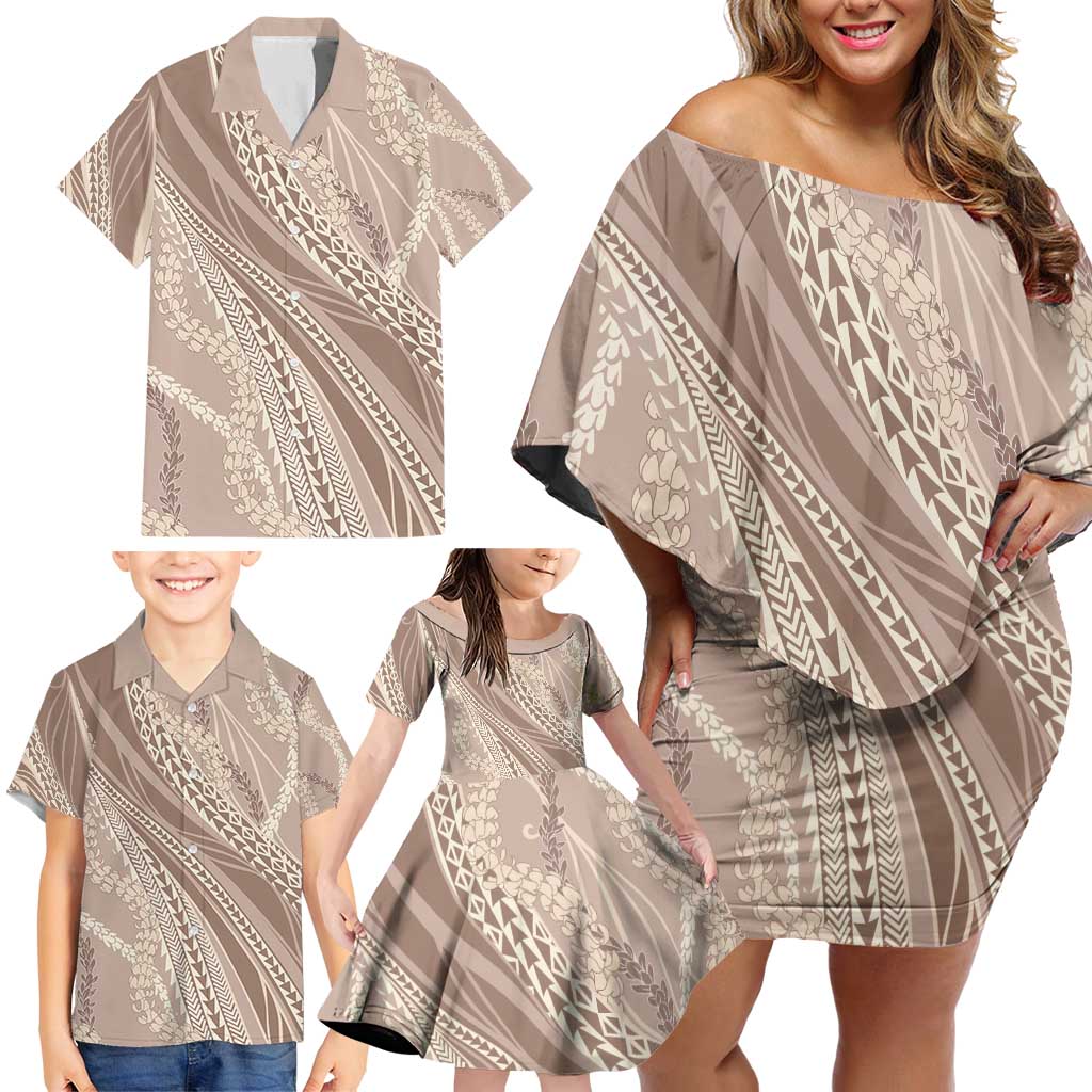 Polynesian Puakeniken Pikake Twisted Lei Family Matching Off Shoulder Short Dress and Hawaiian Shirt Beige - Polynesian Pride