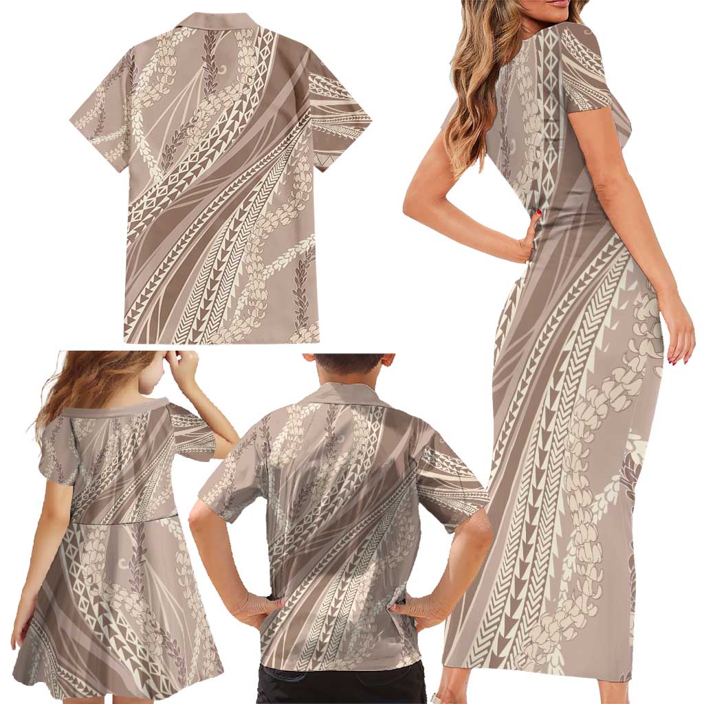 Polynesian Puakeniken Pikake Twisted Lei Family Matching Short Sleeve Bodycon Dress and Hawaiian Shirt Beige - Polynesian Pride
